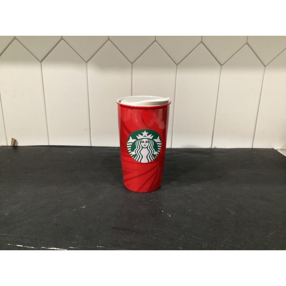 Starbucks 2014 Red Ceramic Travel Mug Tumbler with Lid 12 oz Holiday